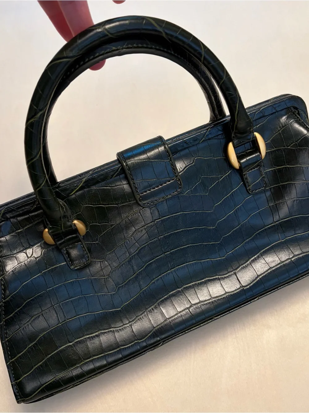 New York & Company Faux Crocodile Top-Handle Bag in Dark Green w/ Gold Hardware